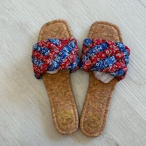True craft sandals with red and blue paisley with a soft cork bottom